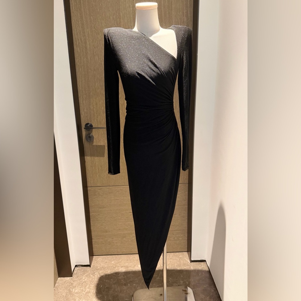 Alexandre Vauthier Sleek Black Long-Sleeve Ruched Asymmetric Midi Dress NWT